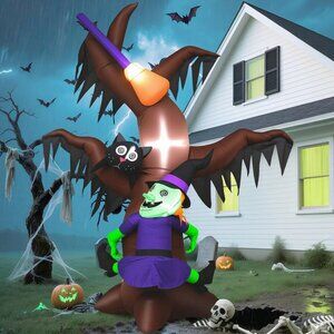 8FT Halloween Inflatable Tree with Witch Cat & Broomstick 4 Built in LED Light